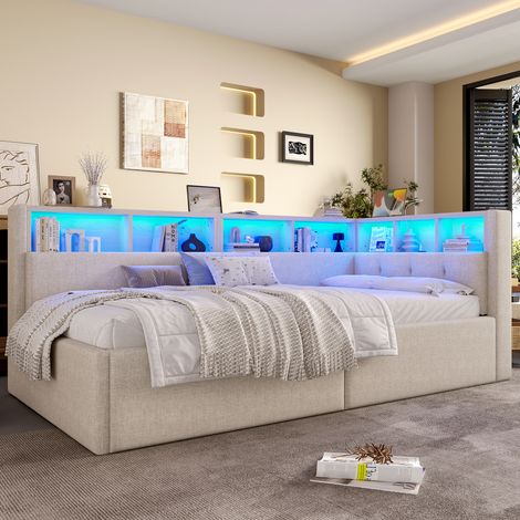 Banquette-lit 90x200 cm avec rangement hydraulique, LED et USB Type-C, lit coffre avec étagères, tissu lin Beige (1/5)