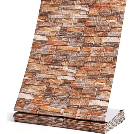 Panneaux muraux autocollants 3D, 10M Papier Peint Aspect Brique Pierre Plié en Continu, Carreaux Muraux Étanches à Décoller et Coller pour Chambre Salle de Bain Cuisine (Rouge Brique) (1/5)