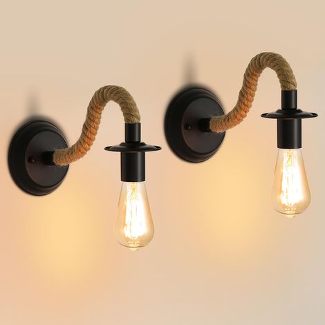 Applique Murale Vintage 2 Pièces, Lampe Murale Intérieur Style Industriel en Corde de Chanvre, Douille E27 sans Ampoule, pour Couloir Chambre Salon Café Bar Loft (1/5)