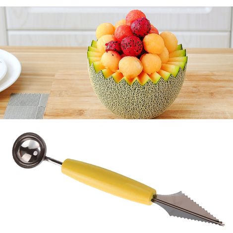 Multifunktionaler, doppelköpfiger Melonenausstecher aus Edelstahl mit wellenförmig gravierter Klinge, Melonenausstecher für Wassermelonen-Obstplatten (1/5)