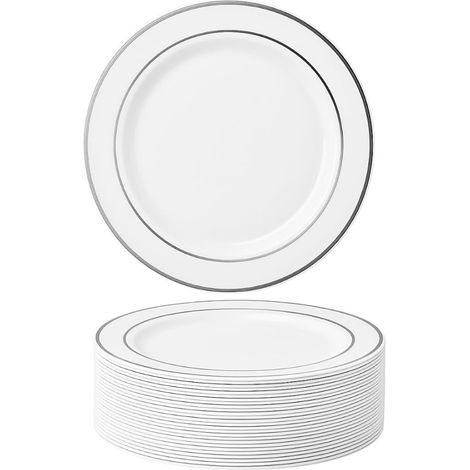 MATANA White Plastic Dessert Plates with Silver Trim (19 cm) Small Plates for Weddings, Birthdays, Christmas (1/5)