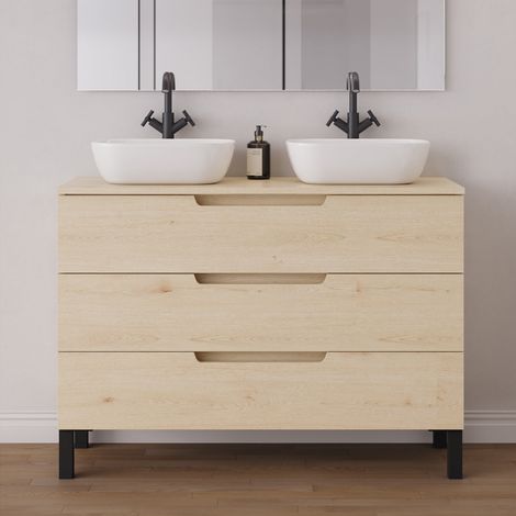Meuble de salle de bain 120cm avec plateau et 2 vasques à poser arrondies - 3 tiroirs - sans miroir - roble calima (bois clair) - RIZA (1/5)
