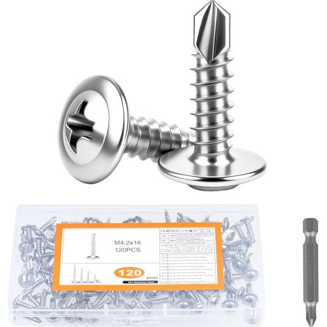 120 PcsVis Autoforeuse Metal, M4,2 x 16 mmVis Autoperforante,Vis Autotaraudeuses à tête plate Inox, Vis Autoperceuses pour Bac Acier, Toiture de Tôles Ondulées, métalliques, plastique