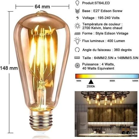 (Couleur de la lumière: Jaune chaud)Ampoule LED E27 Vintage - AUDBURN - 6 Pièces - 4W - Jaune Chaud - Décoration Intérieure