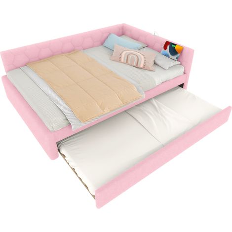 Letto estraibile 140x200 cm rosa in MDF e tessuto peluche con USB e luce - senza materasso - CHICFURN (1/5)