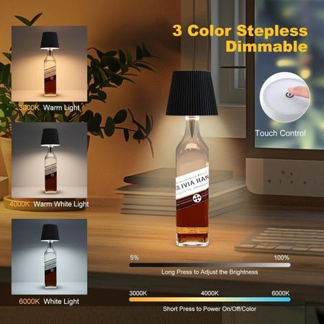 Lot de 2 lampes sans fil pour bouteille de vin, lampe LED pour bouteille de vin, lampe de table tactile rechargeable, 3 températures de couleur (noir) (1/5)