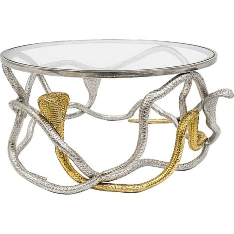 Runder Couchtisch VIPEREA, 67 cm, aus silbernem und goldenem Aluminium mit gehärtetem Glas
