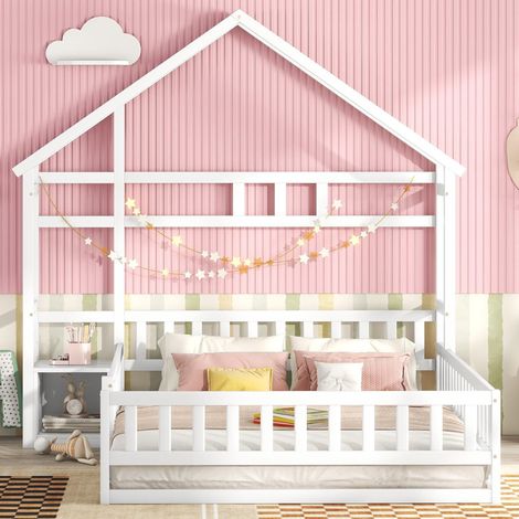 Letto a casetta per bambini 140x200 cm con testiera, sponde di sicurezza e comodino, legno di pino e MDF bianco (1/5)