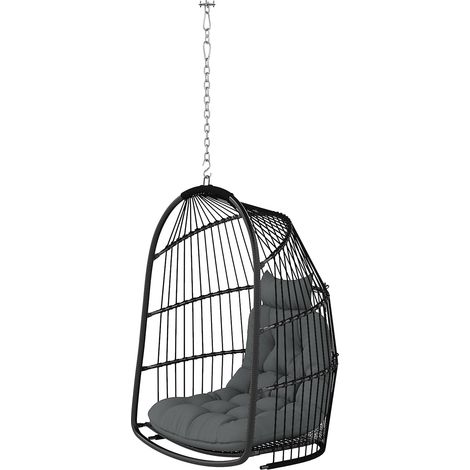 Hängesessel Hängekorb mit Kissen Polyrattan Schaukel Outdoor Indoor faltbar Hängestuhl belastbar bis 150kg Hängeschaukel Korbhängesessel für Wohnzimmer Balkon Terrasse Dunkelgrau Aosom