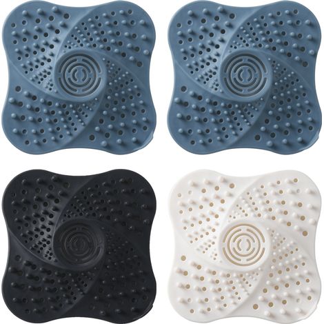 Piège Anti-Chute de Cheveux pour Douche et Évier avec Ventouses, Flexible et Antidérapant, Silicone, Couleurs Bleu/Blanc/Noir, 4 Pièces (1/5)