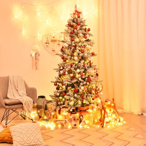 Sapin de Noël Artificiel Enneigé Longiligne 210cm en PVC avec Pommes de Pin Blanches 1108 Branches et Pied en Fer Résistant (1/3)