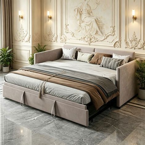 Canapé-lit gigogne convertible velours gris 90x180x200cm, Lit extensible 2 places avec 2 couchages séparés pour salon et chambre (1/5)
