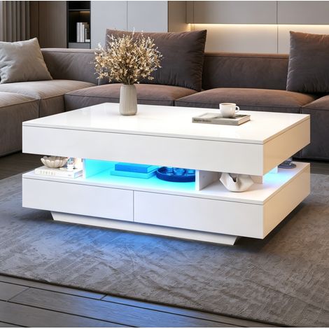 Table basse relevable 100x50x45 cm avec LED et rangement, plateau jusqu’à 58,5 cm, panneau de particules blanc (1/5)