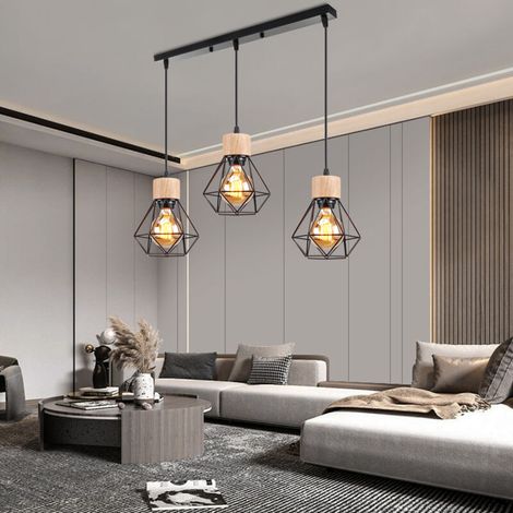 – Lustre suspension 3 lumières en métal noir – Abat-jour cage géométrique – Douille E27 compatible LED – Style rétro industriel pour salle à manger (1/5)