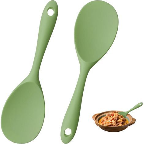 Cuillère à Riz en Silicone, 2 Pièces Cuillère à Riz Antiadhésive, Cuillère de Service à Riz, Rice Spoon, pour le Riz, la Purée de Pommes de Terre, Remuer, Mélanger (Vert, 22cm/8.66in7cm/2.76in) (1/5)