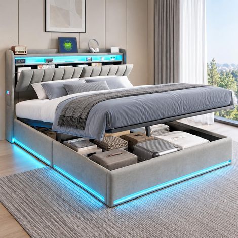 Polsterbett 160x200 cm Stauraumbett mit Bettkasten, RGB-LED und USB-C Ladeanschluss, Aufklappbares Stauraum-Kopfteil, weicher Samtstoff, Grau (1/5)