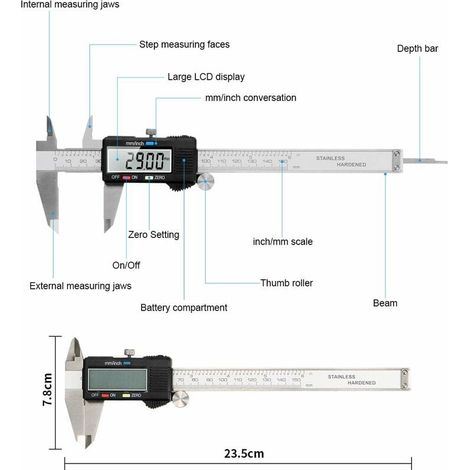 1pcs Pied à Coulisse Digital 150mm Acier Inoxydable Grand écran LCD Précision Réglable 0.01mm, mm/inch conversionMesure de l'industrie domestique(Pile bouton gratuite) (1/4)