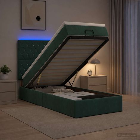 Cama tipo otomana con colchón y LED Verde oscuro 100 x 200 cm (1/5)