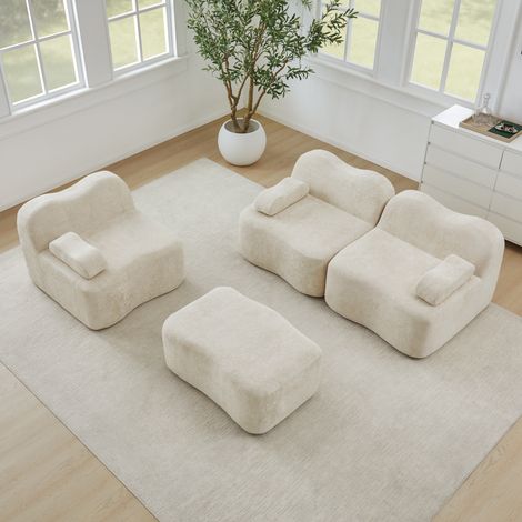 Canapé d'angle convertible 3 places, sans cadre, avec pouf, mousse dense 32D, silhouette sinueuse, siège spacieux, accoudoirs déhoussables, pour séjour, teinte sable (1/5)