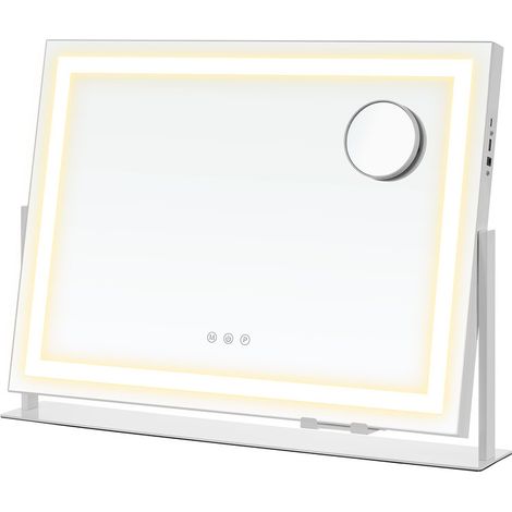 Miroir de Maquillage avec Éclairage, 15 Ampoules LED, Multiprise, Contrôle Tactile, 3 Températures de Lumière, Intensité Réglable, Support de Téléphone, Blanc Mat (1/5)