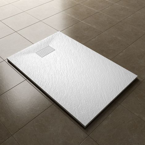 ELEGANT 1200x800mm Slip-Resistance Shower Tray White Slate Effect Square Shower Enclosure Base with Waste Trap and Stainless Steel Drain Cover A