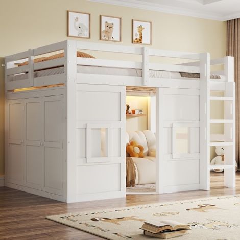 Lit mezzanine en bois 140x200 cm avec LED - Armoire intégrée - Barrière de sécurité et échelle - MDF - Blanc (sans matelas)