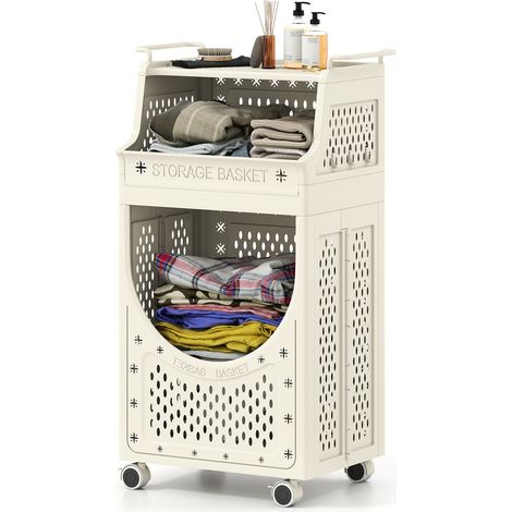 COSTWAY 3-Tier 61L Folding Laundry Cart with 6 Hooks Lockable Wheels Side Table Beige (1/5)