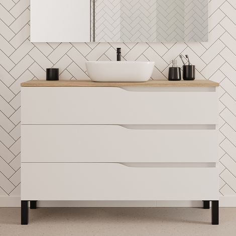 Meuble de salle de bain 120cm avec plateau miel et vasque à poser zeus - 3 tiroirs - sans miroir - blanc - MATA (1/4)