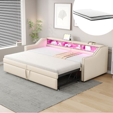 Sofá cama extensible de lino beige de 90/180x200 cm con 2 colchones de muelles, LED, USB y espacio de almacenamiento. (1/5)