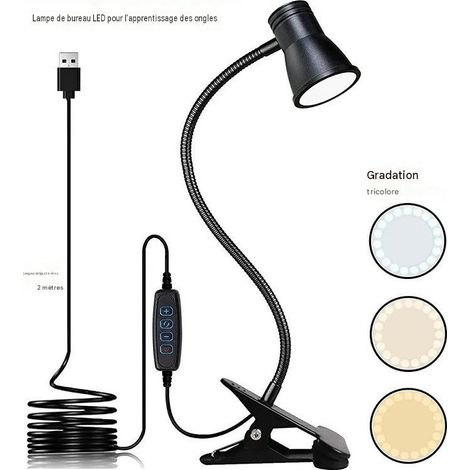 Lampe à pince LED USB 2m, 3 températures de couleur 10 niveaux luminosité, col de cygne 360°, lampe manucure bureau lecture (1/4)