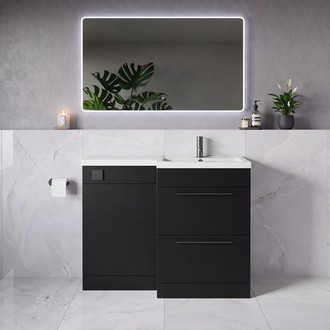 Napoli 390 Nero Oak 1100mm 2 Drawer Vanity Unit Toilet Suite with Square Right Hand Lucia Basin - 1100mm - Gunmetal Grey 320mm HandleWithout Kingston Toilet Pan