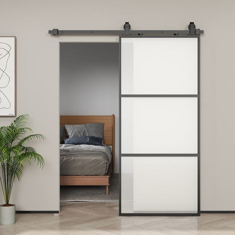 Porta scorrevole in vetro satinato con binario e chiusura ammortizzata, acciaio nero, OKWISH (1/5)