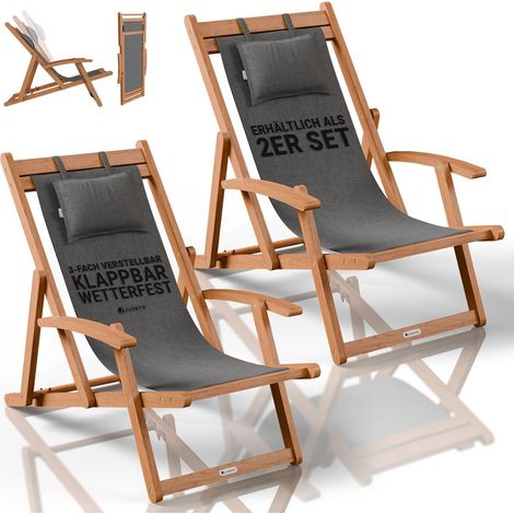 JUSKYS® Sonnenliege Tavira Anthrazit - Klappbar, 3-fach verstellbare Rückenlehne, mit abnehmbarem Kopfpolster, wetterfest, geöltes Akazienholz, 2er Set