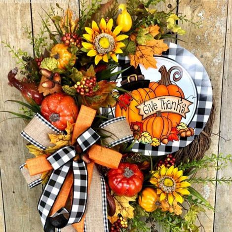 Guirlande Automne - Tournesol Citrouille Décoration Porte Murale - Simulacre Plante Artificielle - Diamètre 35 cm - 1 Pièce (1/5)