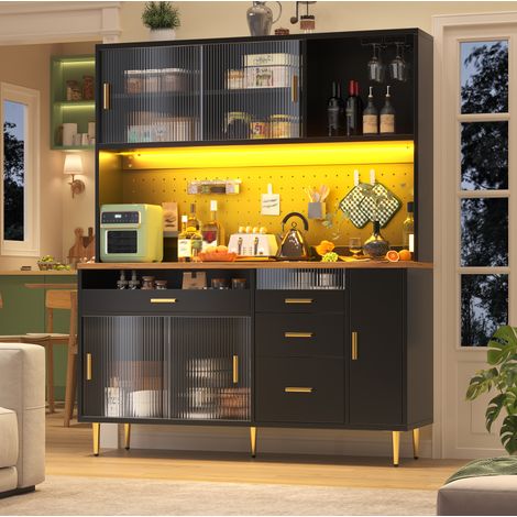 Buffet haut noir 145 x 39 x 171 cm LED, portes coulissantes en verre, étagères réglables, OKWISH (1/5)
