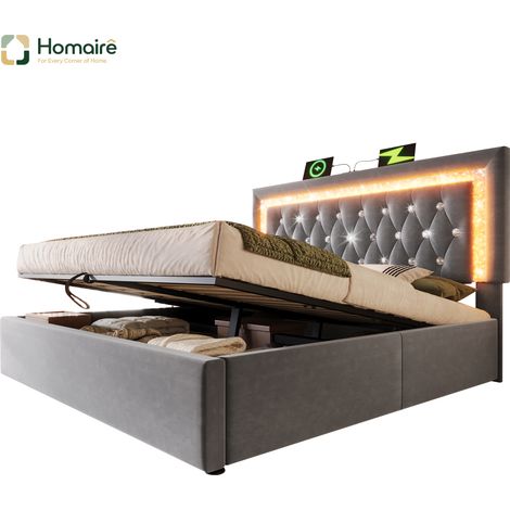 Cadre de lit en velours gris avec rangement et port USB 209 x 191 x 104 cm HOMAIRE (1/5)