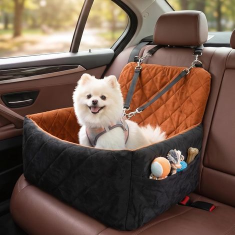 Siège auto pour chien de petite à moyenne taille, lavable avec poches de rangement, en mousse à mémoire de forme, dessous antidérapant et 2 ceintures de sécurité, lit de voyage pour siège avant et (1/5)