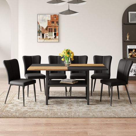 Table à manger rectangulaire 160cm fonction rangement 6 chaises PU noires pieds métal noir salon salle à manger cuisine.