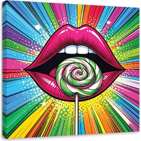 Leinwandbild Rote Lippen mit Lutscher im Pop Art Stil 20x20 (1/5)