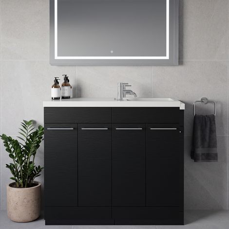 Napoli 250 Nero Oak 1000mm 4 Door Vanity Unit with Square Silvo Basin - 1000mm - Chrome 160mm Handle
