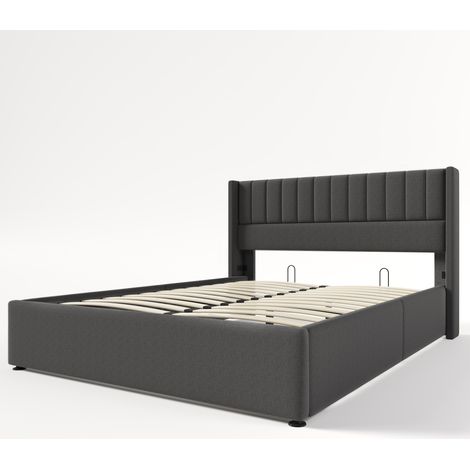 Cama canapé abatible tapizada 140x200 cm con colchón, lino gris, HOMVRA (1/5)