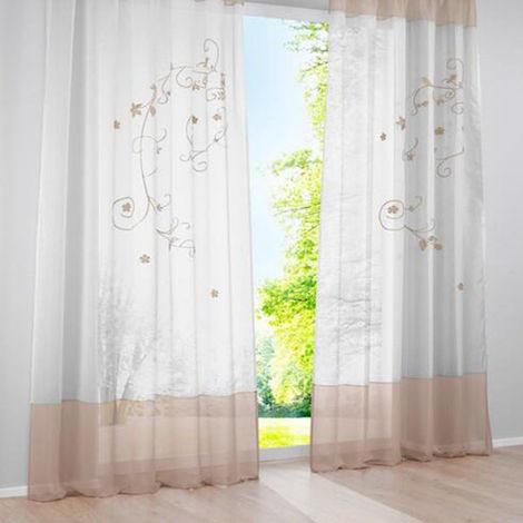Rideaux Voilages Floral Voile Broderie a Pattes Panneaux de Fenêtres pour Chambre Salon Décoration 2 Panneaux, Kaki, L140cm x H225cm (1/5)