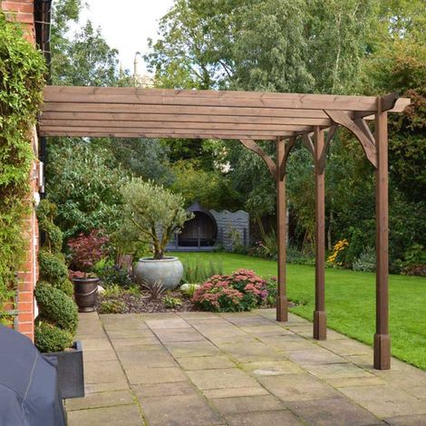 Wall Mounted Premium Pergola 3 Post - L480 x W480 x H270 cm - Rustic Brown