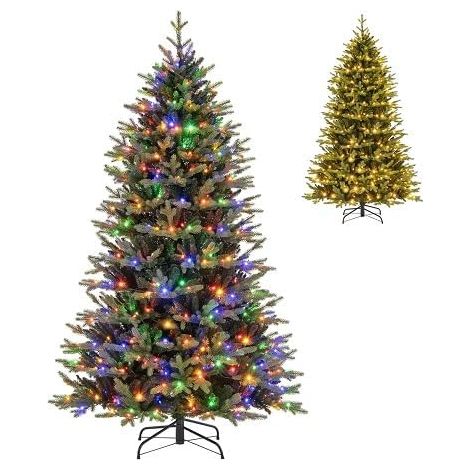 COSTWAY Albero di Natale 210 cm, Albero di Natale Pre-illuminato on Cerniera con 470 Luci a LED Multicolori e Bianco Caldo, 11 Modalità di Illuminazione, 1646 Rami (210 CM) (1/5)