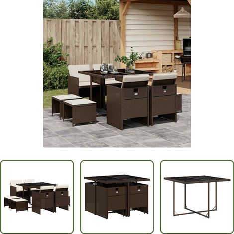 Chaises de jardin - Ensemble à manger de jardin et coussins 9 pcs marron poly rotin (1/5)