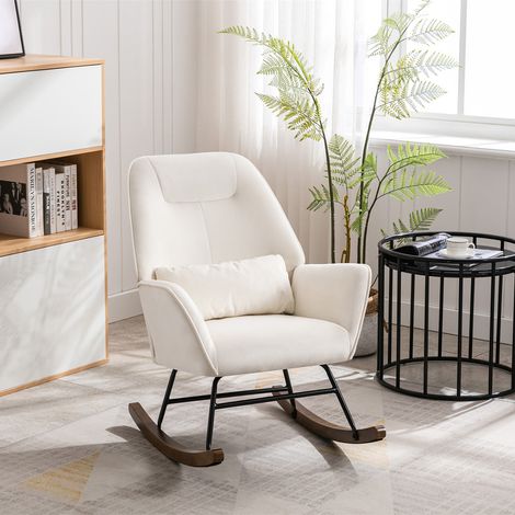 Fauteuil à bascule en velours beige – Coussin lombaire ergonomique – Pieds en bois massif – Confort optimal pour salon et chambre (1/5)