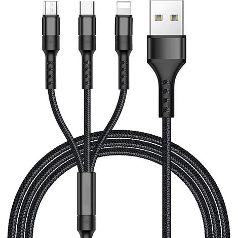 Câble USB 3 en 1 Nylon Tressé Micro USB Type C Charge Simultanée 5V/2A 1.2m Noir (1/5)