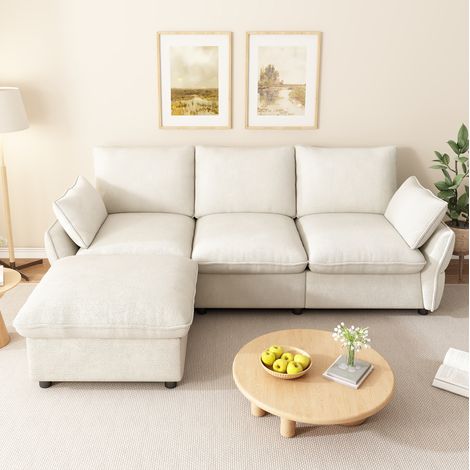 Divano angolare con chaise longue, 3 posti, chenille beige, 222,5 x 154,5 x 76,5 cm, 1 pouf HAVRYA (1/5)