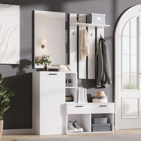 Vestiaire d’entrée avec miroir, meuble à chaussures et 2 tiroirs, 120x35x175,5 cm, MDF blanc (1/5)