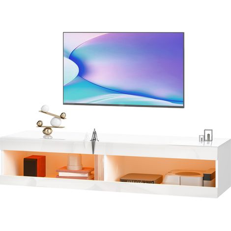 Meuble TV mural bas LED RGB 16 couleurs, support TV 55-60 pouces, espace rangement ouvert, blanc brillant 140x40x30 cm